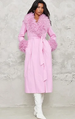 PrettyLittleThing Faux Fur Coats*Faux Fur Contrast Collar Self Tie Maxi Coat