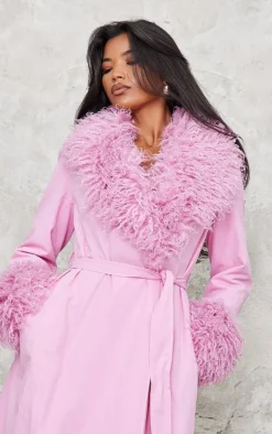 PrettyLittleThing Faux Fur Coats*Faux Fur Contrast Collar Self Tie Maxi Coat