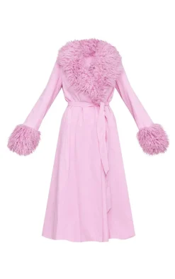 PrettyLittleThing Faux Fur Coats*Faux Fur Contrast Collar Self Tie Maxi Coat