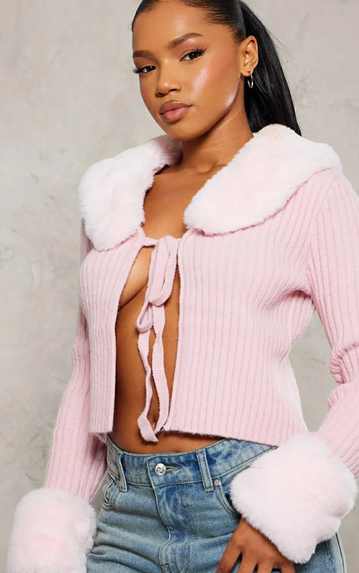 PrettyLittleThing Cardigans*Faux Fur Trim Detail Tie Front Top