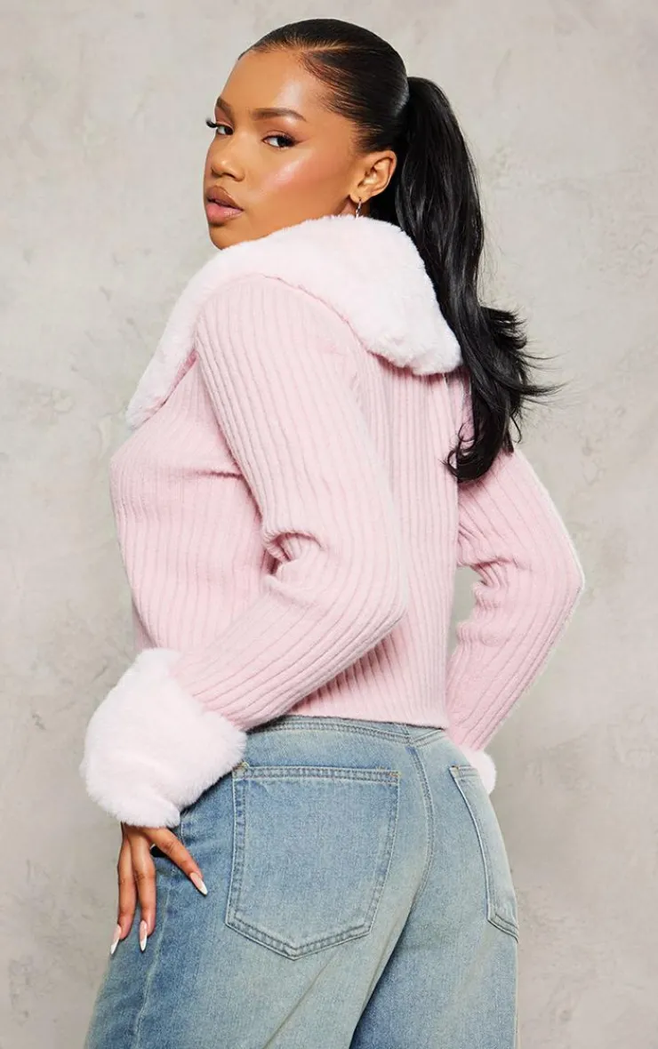 PrettyLittleThing Cardigans*Faux Fur Trim Detail Tie Front Top