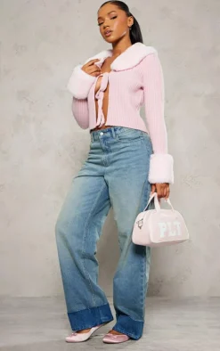 PrettyLittleThing Cardigans*Faux Fur Trim Detail Tie Front Top