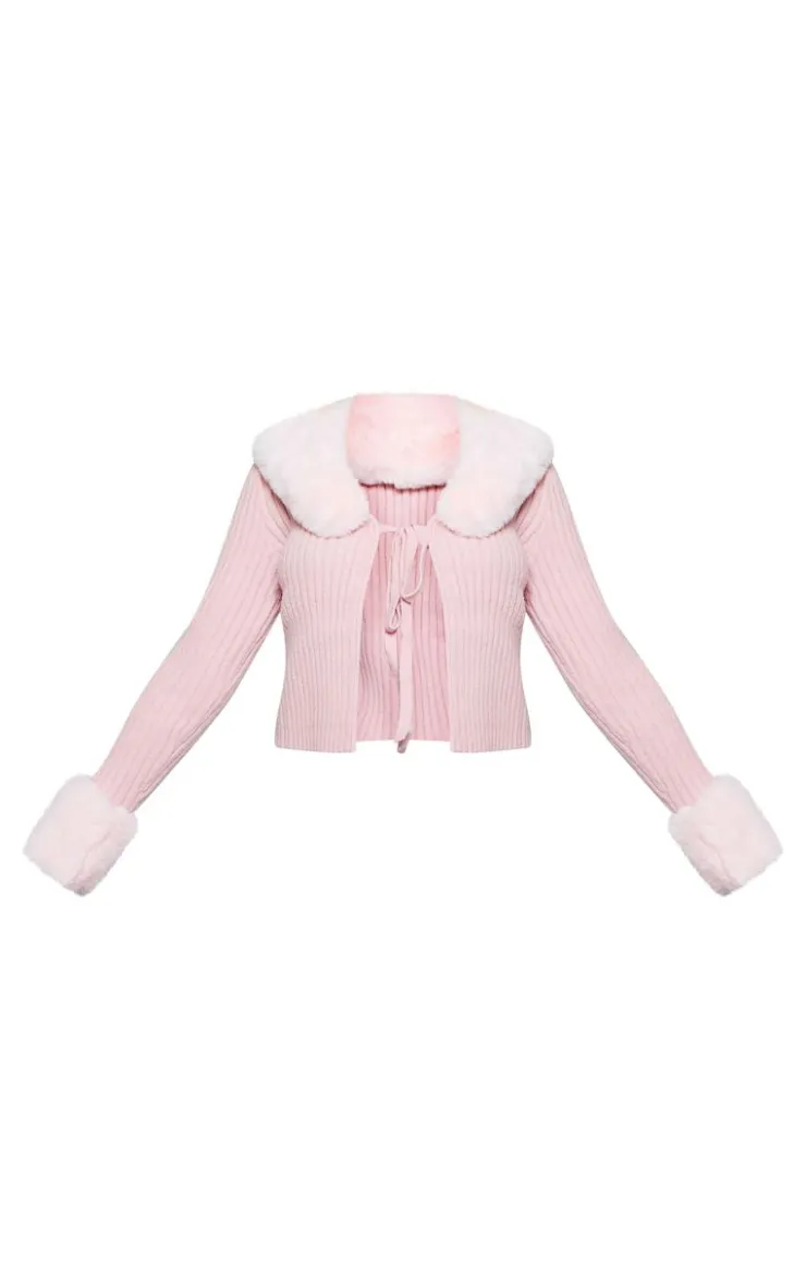 PrettyLittleThing Cardigans*Faux Fur Trim Detail Tie Front Top