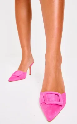 PrettyLittleThing Wide Fit Heels*Faux Suede Wide Fit Buckle Point Toe Heeled Mules