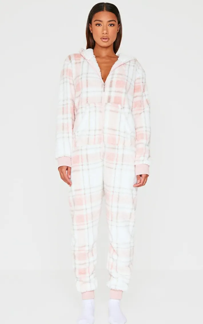 Pink Fleece Check Hooded Onesie