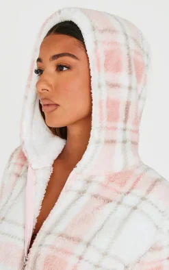 Pink Fleece Check Hooded Onesie