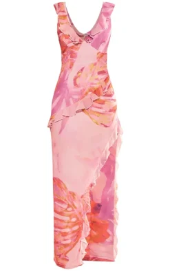 Floral Asymmetric Frill Split Maxi Dress-PrettyLittleThing Outlet