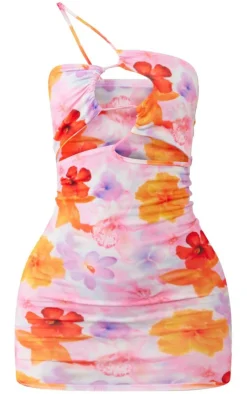 Floral Cut Out Asymmetric Strap Bodycon Dress-PrettyLittleThing Best