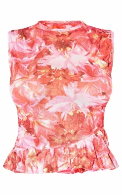 PrettyLittleThing Sleeveless Tops*Floral Mesh Frill Long Top