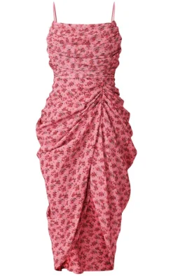 Floral Print Chiffon Ruched Drape Midi Dress-PrettyLittleThing Online