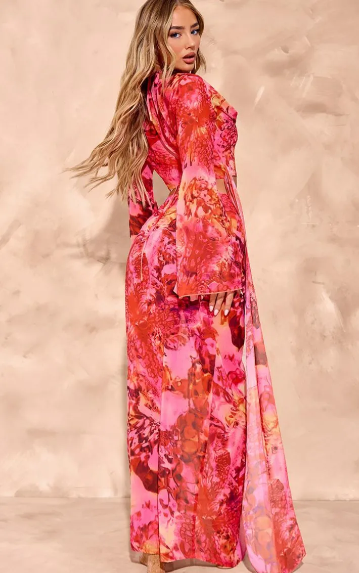 Pink Floral Print Chiffon 3 Piece Beach Set