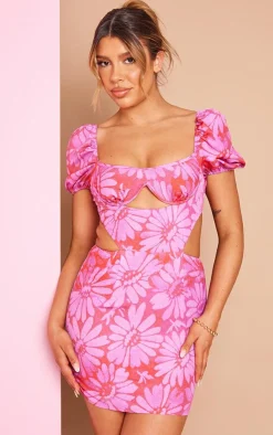 Floral Print Cup Detail Bodycon Dress-PrettyLittleThing