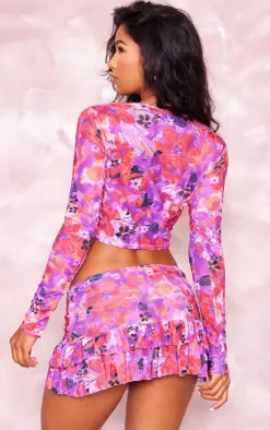 Clearance PrettyLittleThing Floral Print Devore Drape Long Sleeve Top Pink