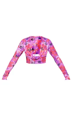 Clearance PrettyLittleThing Floral Print Devore Drape Long Sleeve Top Pink