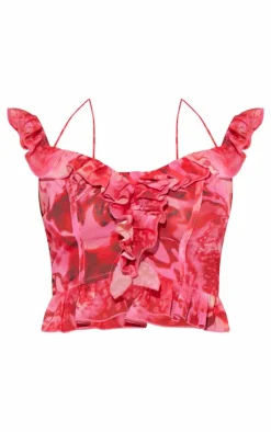 Clearance PrettyLittleThing Floral Print Frill Detail Crop Top Pink