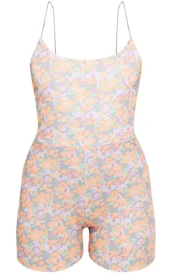 Pink Floral Print Jersey Strappy Romper