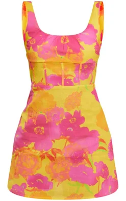 Floral Print Linen Look Corset Detail Bodycon Dress-PrettyLittleThing Outlet