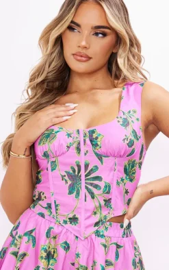 Best PrettyLittleThing Floral Print Linen Look Corset Pink
