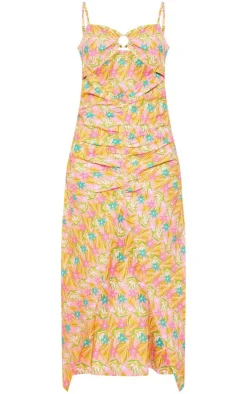 Floral Print Linen Look Trim Detail Cut Out Maxi Dress-PrettyLittleThing Outlet