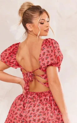 Pink Floral Print Puff Sleeve Shirred Tie Back Romper