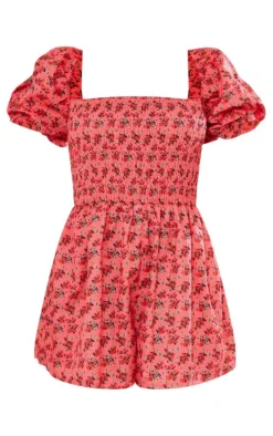 Pink Floral Print Puff Sleeve Shirred Tie Back Romper