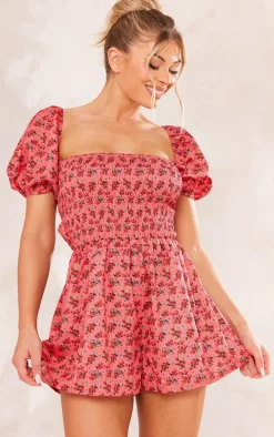 Pink Floral Print Puff Sleeve Shirred Tie Back Romper