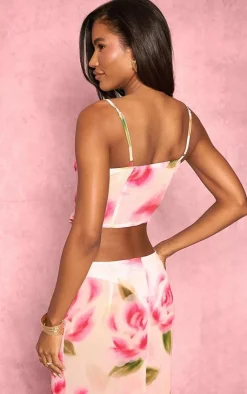 Hot PrettyLittleThing Floral Print Sheer Chiffon Bow Detail Corset Pink
