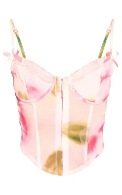 Hot PrettyLittleThing Floral Print Sheer Chiffon Bow Detail Corset Pink