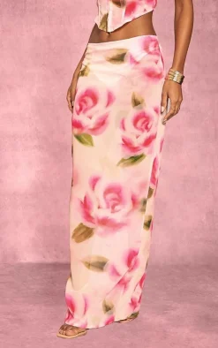 Sale PrettyLittleThing Floral Print Sheer Chiffon Low Rise Maxi Skirt Pink
