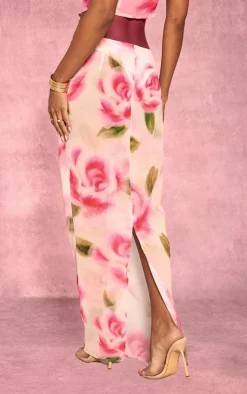 Sale PrettyLittleThing Floral Print Sheer Chiffon Low Rise Maxi Skirt Pink