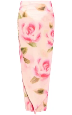 Sale PrettyLittleThing Floral Print Sheer Chiffon Low Rise Maxi Skirt Pink