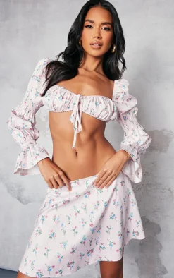 Clearance PrettyLittleThing Floral Print Skater Mini Skirt Pink