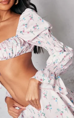 New PrettyLittleThing Floral Print Woven Ruched Long Sleeve Crop Top Pink
