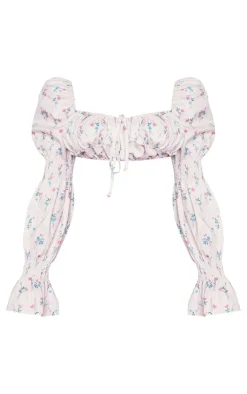 New PrettyLittleThing Floral Print Woven Ruched Long Sleeve Crop Top Pink