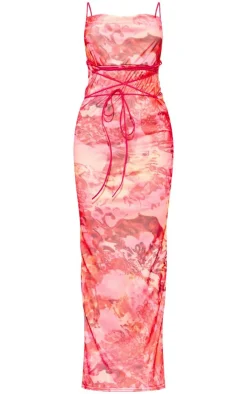 Floral Printed Mesh Cowl Neck Maxi Dress-PrettyLittleThing Clearance