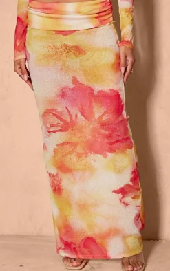 New PrettyLittleThing Floral Printed Sheer Burnout Mesh Fold Over Hem Low Rise Maxi Skirt Pink