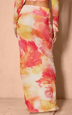 New PrettyLittleThing Floral Printed Sheer Burnout Mesh Fold Over Hem Low Rise Maxi Skirt Pink