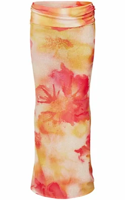 New PrettyLittleThing Floral Printed Sheer Burnout Mesh Fold Over Hem Low Rise Maxi Skirt Pink