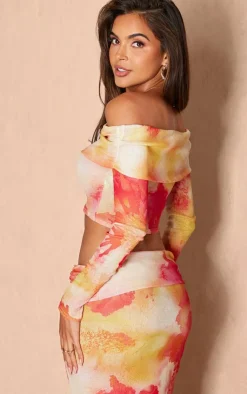 Hot PrettyLittleThing Floral Printed Sheer Burnout Mesh Fold Over Hem Long Sleeve Bardot Top Pink