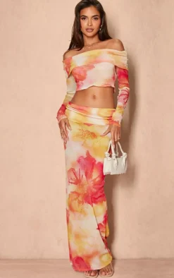 Hot PrettyLittleThing Floral Printed Sheer Burnout Mesh Fold Over Hem Long Sleeve Bardot Top Pink