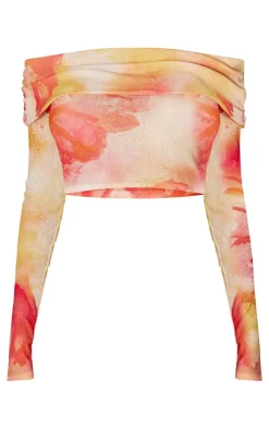 Hot PrettyLittleThing Floral Printed Sheer Burnout Mesh Fold Over Hem Long Sleeve Bardot Top Pink