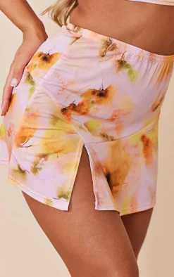 PrettyLittleThing Pink Floral Printed Slinky Split Hem Micro Mini Skirt Cream