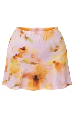 PrettyLittleThing Pink Floral Printed Slinky Split Hem Micro Mini Skirt Cream