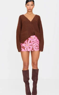 Hot PrettyLittleThing Flower Print Micro Mini Denim Skirt Pink