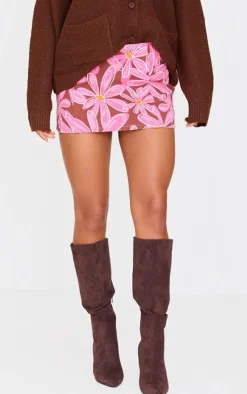 Hot PrettyLittleThing Flower Print Micro Mini Denim Skirt Pink