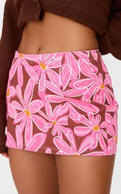 Hot PrettyLittleThing Flower Print Micro Mini Denim Skirt Pink