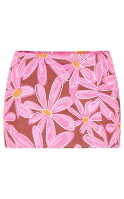 Hot PrettyLittleThing Flower Print Micro Mini Denim Skirt Pink