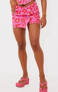 Sale PrettyLittleThing Flower Printed Button Detail Denim Mini Skirt Pink