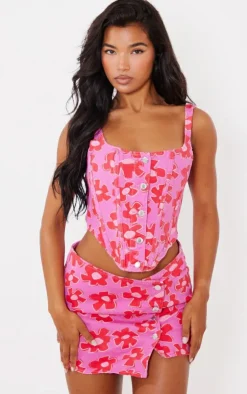 Sale PrettyLittleThing Flower Printed Button Detail Denim Mini Skirt Pink