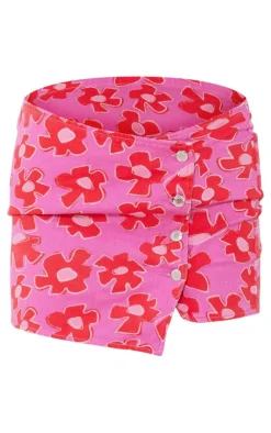 Sale PrettyLittleThing Flower Printed Button Detail Denim Mini Skirt Pink